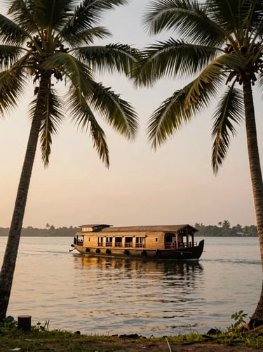 A luxury traditional houseboat cruising through the calm backwaters of Alleppey, framed by leaning coconut palms, golden hour light, 35mm