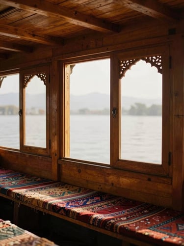 A cozy wooden houseboat interior on Dal Lake in Srinagar, warm morning light streaming through hand-carved windows, rich textiles, 35mm