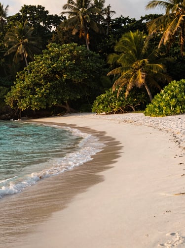 Pristine white sand beach of Radhanagar on Havelock Island, turquoise water gently lapping the shore, lush green tropical canopy, warm sunset glow, 35mm