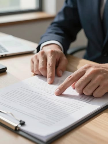 Close-up of a financial advisor's hands pointing at a printed document on a desk, natural daylight from a window illuminating the paperwork, organized workspace visible in the soft background