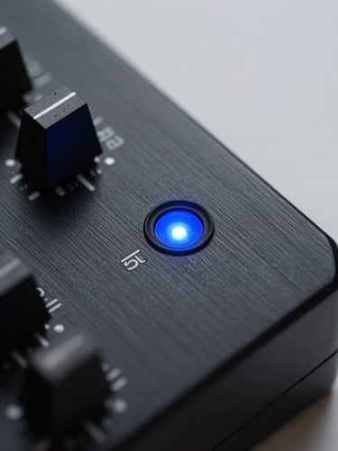 Stark macro shot of physical modular synthesizer hardware, brushed black aluminum faceplate, single sharp blue LED indicator light, high-contrast vacuum lighting