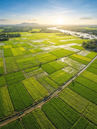 Wide aerial panoramic view of lush green rice paddies in the Mekong Delta under bright morning sunlight, geometric patterns, sharp depth of field, 35mm editorial agricultural photography.