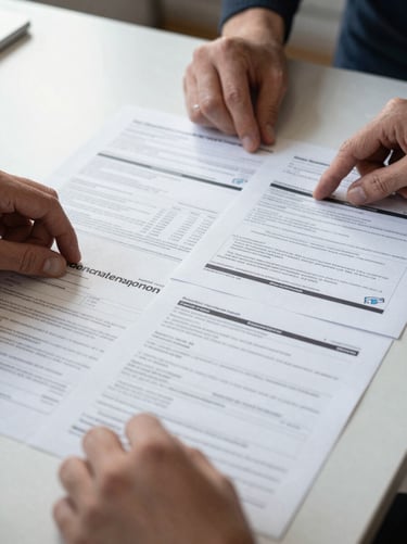 Close-up of hands sorting through a spread of printed Quebec government program sheets on a light desk surface, each sheet showing form headers and eligibility criteria; clean diffused daylight from the left, no people visible beyond the wrists