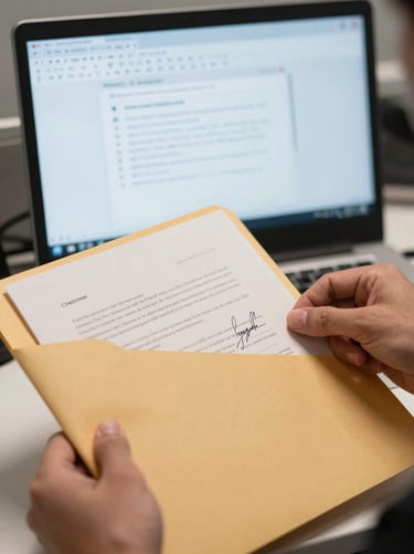 Close-up of a hand placing a signed document into a labeled manila folder on a desk, a computer screen showing an email inbox visible softly out of focus in the background, clean fluorescent task lighting, no faces visible