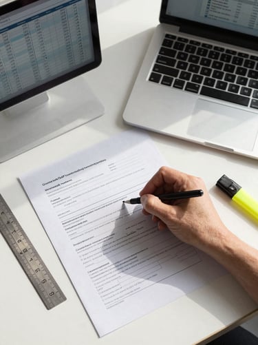 Overhead flat-lay of a hand writing on a detailed grant application form beside an open laptop showing a budget spreadsheet, a ruler and highlighter visible at the edge of the frame, natural window light casting soft shadows across the documents on a clean desk