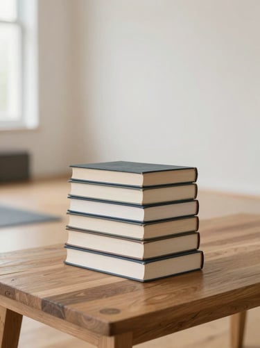 A stack of thick academic books on anatomy and ethics resting on a clean wooden table in a bright, empty yoga studio, diffused natural light, neutral muted tones, 35mm