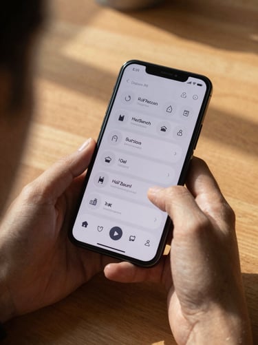 Close-up over-the-shoulder shot of a hand swiping on a Pixel phone home screen showing a minimalist, gesture-driven launcher interface, warm morning sunlight casting soft shadows on a wooden desk.