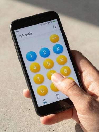 Close-up shot of a thumb tapping a large yellow button on an Android phone displaying a playful calculator app, warm morning light, concrete countertop background.