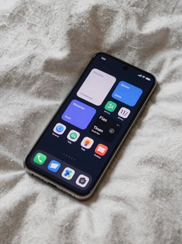 Top-down macro shot of a Galaxy phone resting on clean linen sheets, displaying beautiful Material You weather and habit tracking widgets, soft natural morning light.
