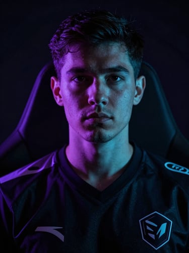 Dramatic low-key portrait of a professional esports player in a dark jersey, sharp violet rim lighting, deep shadows, looking intensely forward
