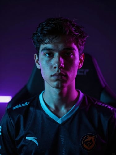 Dramatic low-key portrait of a professional esports player in a dark jersey, sharp cyan rim lighting, deep shadows, looking intensely forward