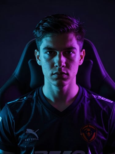 Dramatic low-key portrait of a professional esports player in a dark jersey, sharp cyan rim lighting, deep shadows, looking intensely forward