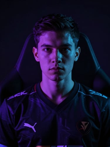 Dramatic low-key portrait of a professional esports player in a dark jersey, sharp violet rim lighting, deep shadows, looking intensely forward