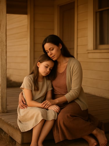 Cinematic photography of a mother and her daughter sharing a quiet, authentic moment on a wooden porch of a North American home. Soft sand and terracotta tones dominate the warm, sunlit scene.