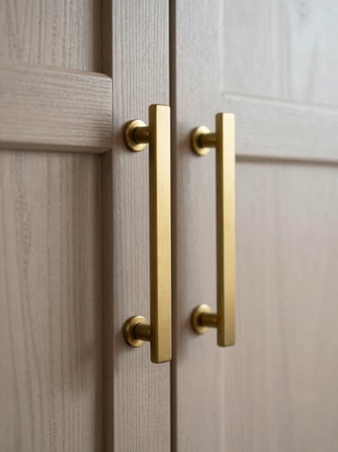 Macro detail shot of custom oak cabinet doors with brushed brass handles, soft natural light, architectural focus, 35mm lens.