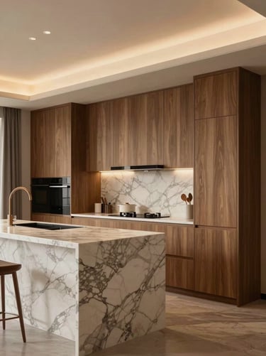 Luxury residential interior with custom wood paneling, marble kitchen island, warm architectural lighting, 35mm lens.
