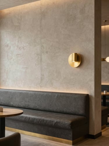 Modern minimal boutique hotel lobby with custom banquette seating, textured concrete walls, brushed gold fixtures, 35mm lens.