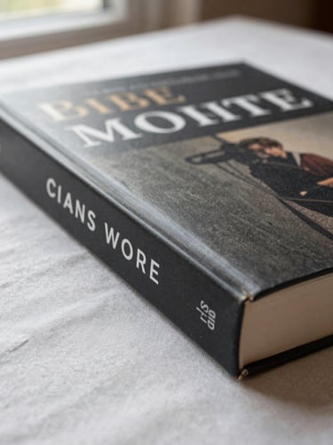 Close detail of a paperback book spine and front cover lying flat on a pale linen surface, natural window light, title area visible, understated typographic cover design