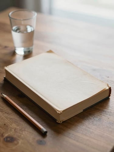 A worn paperback book face-down on a wooden desk beside a pencil, natural overcast light, a half-filled glass of water at the edge of frame, sparse and still