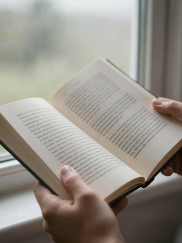 Tight shot of hands holding an open novel, the reader's fingers pressing lightly on the page, overcast daylight from a nearby window, no faces, only hands and text