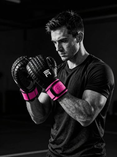 Black and white portrait of an athletic trainer holding focus mitts, focused expression, dramatic high-contrast lighting
