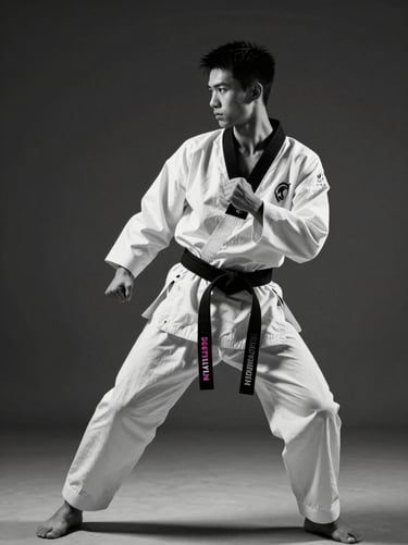 Black and white portrait of a male Taekwondo master, intense look, athletic stance, high-contrast dramatic studio lighting, 35mm