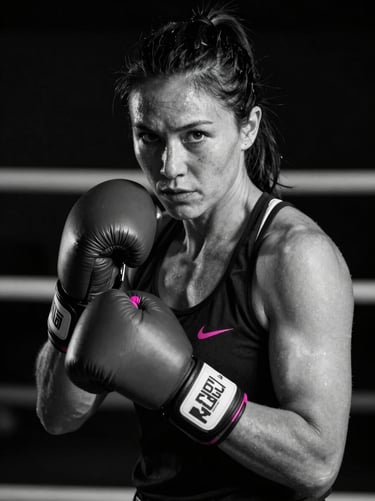 Black and white portrait of a female boxing coach, wrapped hands, looking directly at the camera, sharp key lighting, athletic focus
