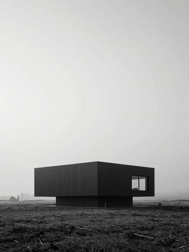 A wide, cinematic shot of a minimalist modernist building situated in a stark, misty North American / European landscape. The palette is strictly monochrome, with the dark structure contrasting against a soft white sky.