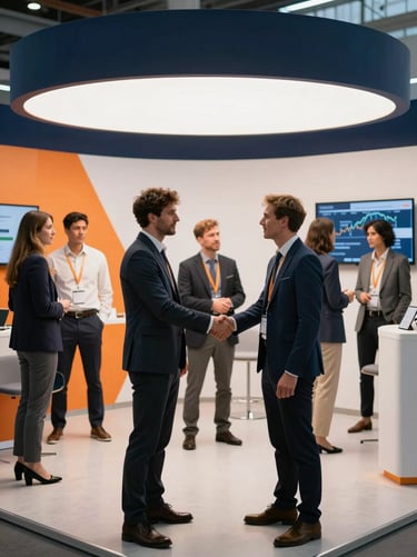 Professional B2B networking at a modern clean exhibition booth, bright ambient light, diverse business partners shaking hands, 35mm photography