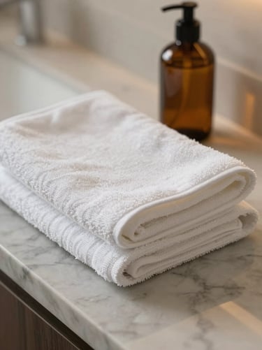 Close-up of neatly folded white linen towels on a polished marble countertop next to an amber glass soap bottle, warm morning light