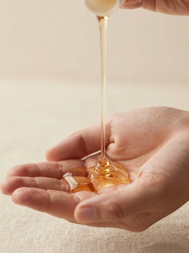 Macro shot of warm organic oil pouring onto hands, soft morning light, beige linen background, 35mm