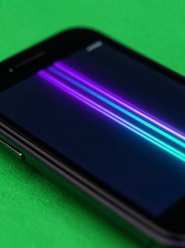 Macro shot of a mobile gaming dashboard with intense neon purple and teal light trails, high-contrast obsidian glass reflections
