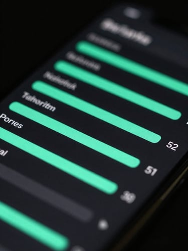 Macro shot of a dark-mode productivity app showing clean data tables and teal neon progress bars, high-contrast low-key lighting