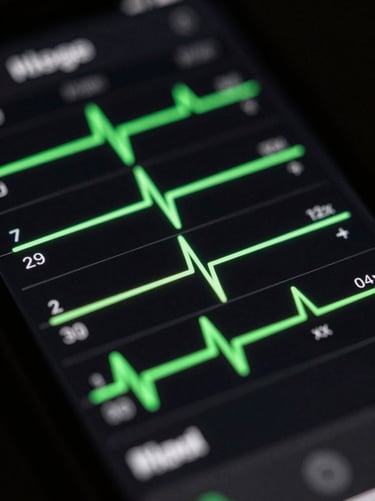 Macro shot of a dark-mode wellness app interface showing real-time biometric graphs in electric neon green, glowing screen reflections on dark glass, shallow depth of field