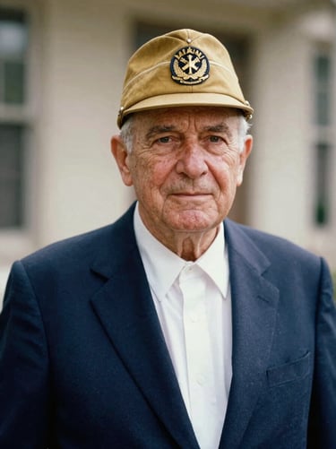 Dignified portrait of an older male veteran in a navy blue suit with a gold American Legion cap, warm natural lighting, soft background