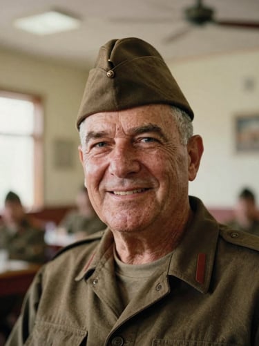 Dignified portrait of a male veteran smiling, wearing a classic military veteran cap, warm indoor community hall lighting, honest framing