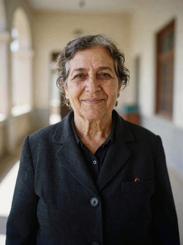 Warm portrait of a female auxiliary member in her fifties smiling, soft natural daylight, Palestine post hall interior visible in background