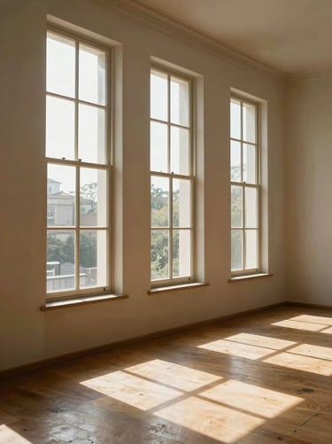 Natural warm afternoon sunlight streaming through tall traditional Portuguese windows, casting long shadows on clean wooden floors in a minimalist interior.