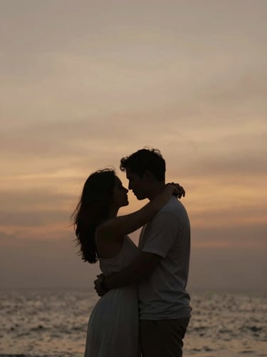 A silhouette of a couple embracing against a vibrant but soft Bali sunset, warm amber and taupe tones #C7B7A3, elegant and minimalist composition.
