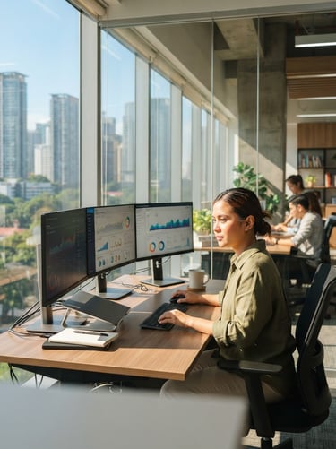 Bright modern office in Manila, clean glass partitions, professional digital marketer analyzing screens with natural Philippine sunlight streaming in, architectural depth.