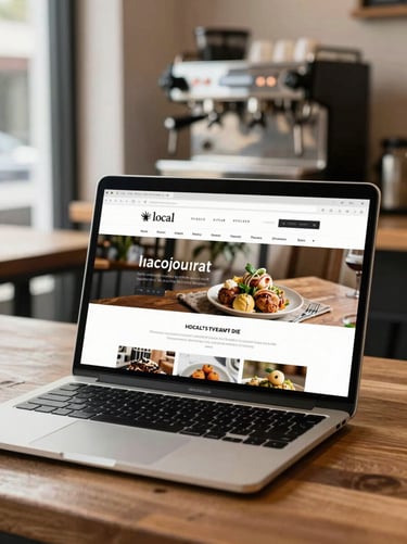 Close-up of a laptop screen on a wooden café counter showing a clean local restaurant website homepage, natural window light from the left, blurred espresso machine in background, no people