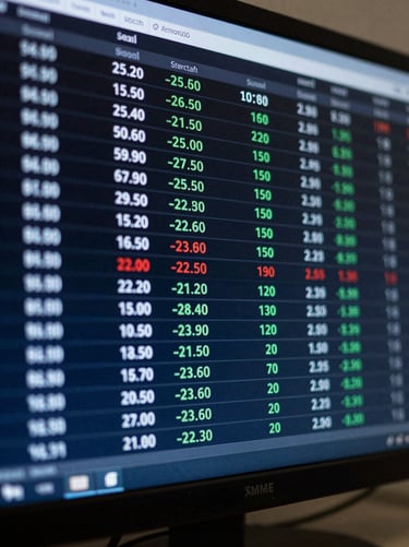Close-up of a financial terminal screen displaying currency pair rates and real yield differentials, cool blue light reflecting on the glass, data columns sharp and legible, dark background
