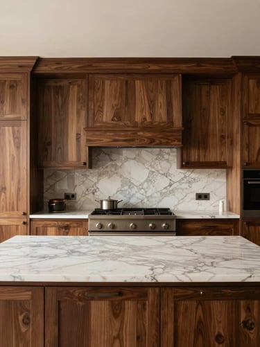 Straight-on architectural shot of a luxury kitchen with custom walnut millwork and marble countertops, soft natural daylight.
