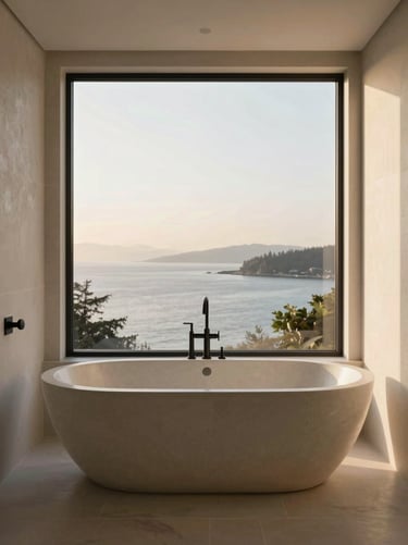 Minimalist luxury bathroom with a freestanding stone tub overlooking the West Vancouver coast, golden hour light.