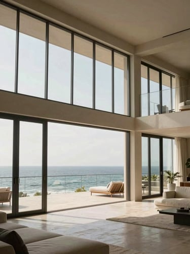 Wide-angle interior elevation of an open-concept living space with massive floor-to-ceiling glass walls, ocean views.