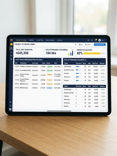 Straight-on clean UI mockup of a construction quantity surveying dashboard on a tablet screen, showing neat tables of cost variations and site attendance, bright natural daylight, sharp focus, 35mm