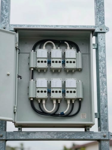 Close-up overhead shot of a utility-scale combiner box assembly on a steel mounting frame, diffuse daylight revealing cable management and labeled terminal blocks, clean industrial geometry