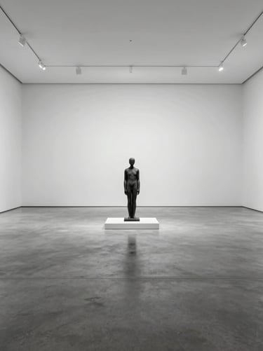 An environmental shot of a spacious, empty art gallery with polished gray concrete floors and white walls. A single minimalist sculpture sits in the center.