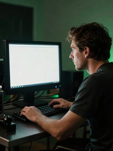 Behind-the-scenes set photography of a director looking at a physical monitor in a dark room, harsh green-tinted light leak across the frame, raw analog texture.