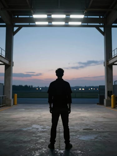 High-contrast silhouette of a director standing on an industrial concrete set at dusk, cold dramatic overhead lighting, extreme wide environmental shot.